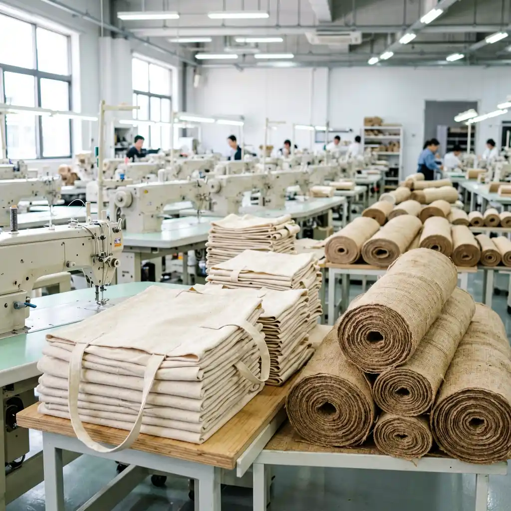 Bag manufacturing workshop with sewing machines and folded reusable totes