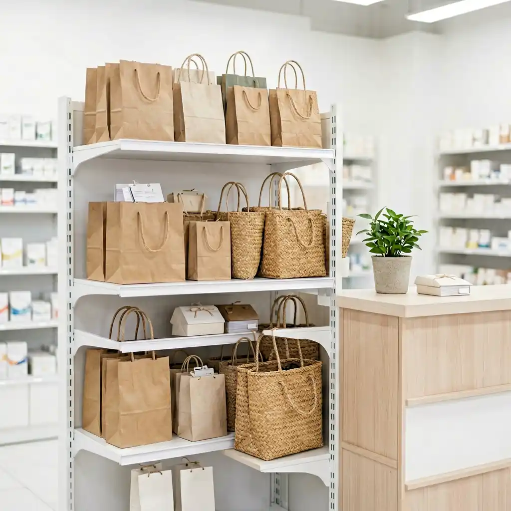 Pharmacy shelf with reusable paper and woven shopping bags