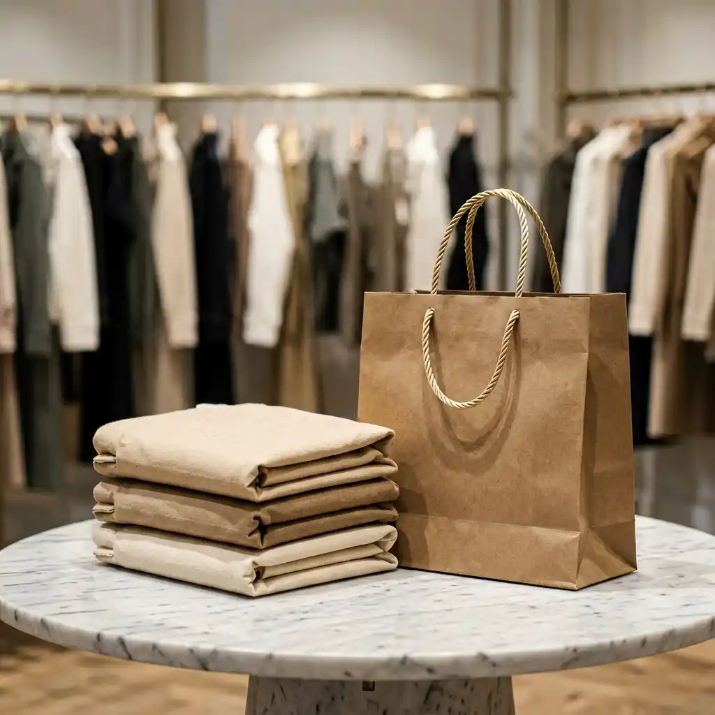 Boutique display with cotton totes and luxury paper gift bag